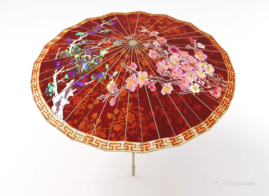Traditional Red Oil Paper Umbrella With Pink Cherry Blossom Tree And Golden Geometric Border Design 3d model 