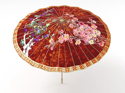 Traditional Red Oil Paper Umbrella With Pink Cherry Blossom Tree And Golden Geometric Border Design 3d model