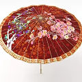 Traditional Red Oil Paper Umbrella With Pink Cherry Blossom Tree And Golden Geometric Border Design