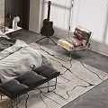 Modern Double Bed With Textured Wall Headboard Nightstand Rug Guitar Armchair And Blinds