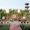 Ancient Style Park Scenery with Watchtower Red Flags Drums Armored Figures and Green Lawn