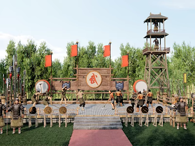 Ancient Style Park Scenery with Watchtower Red Flags Drums Armored Figures and Green Lawn 3d model