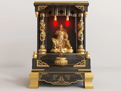 Buddhist Shrine Cabinet with Golden Decorations and Statue Red Lights and Incense Burner 3d model