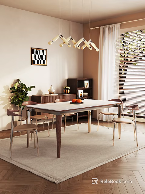 Modern Restaurant Interior With Dining Table Chairs Chandelier Wall Art And Plants 3d model 