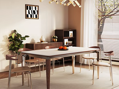 Modern Restaurant Interior With Dining Table Chairs Chandelier Wall Art And Plants 3d model