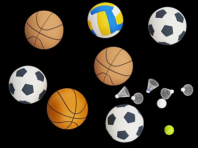 Sports Equipment Collection with Basketballs Volleyball Soccer Balls Badminton Rackets Shuttlecocks and Tennis Ball 3d model