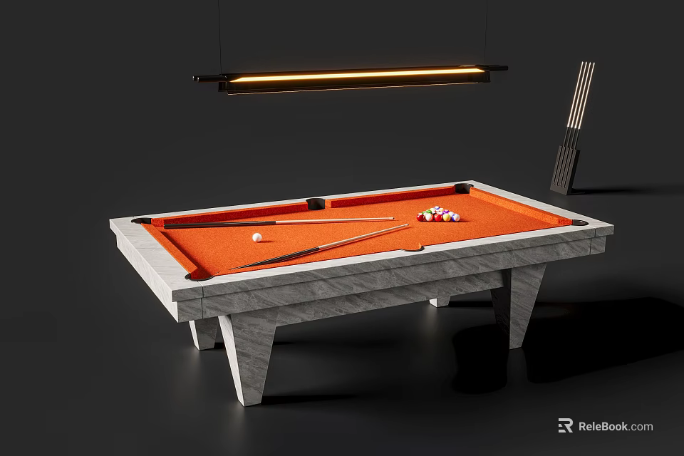 Modern Billiard Table With Orange Felt Surface Billiard Balls Cue Stick And Marble Legs 3d model 