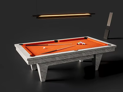 Modern Billiard Table With Orange Felt Surface Billiard Balls Cue Stick And Marble Legs 3d model