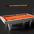 Modern Billiard Table With Orange Felt Surface Billiard Balls Cue Stick And Marble Legs