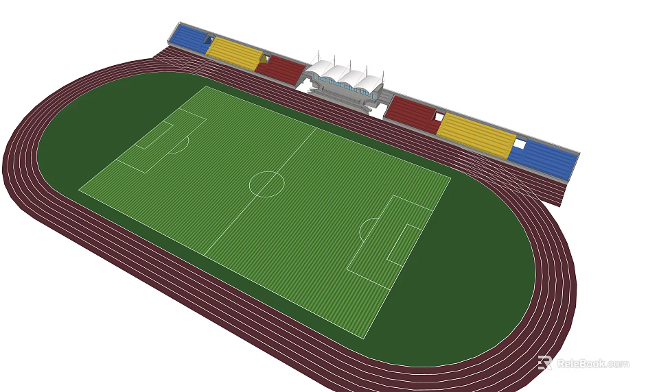 Football Stadium With Green Turf Red Running Track Colored Seats And White Roof Stands 3d model 
