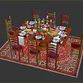 Red Dining Table Set With Six Chairs Tableware Fruits On Red Patterned Rug 3d model
