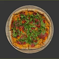 Fresh Homemade Pizza Topped With Arugula And Pepperoni On Wooden Plate