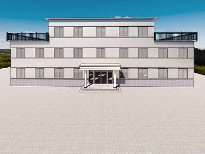 White Modern Building With Multiple Floors Windows Entrance Canopy And Brick Square Area 3d model