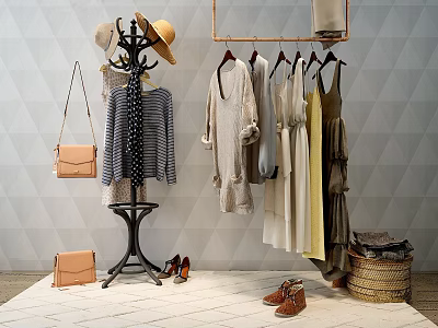 Stylish Clothes Hanging On Rack With Hats Handbags Shoes And Basket 3d model