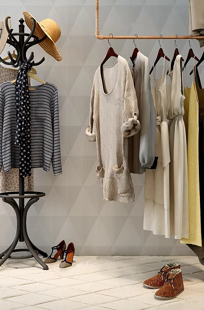 Stylish Clothes Hanging On Rack With Hats Handbags Shoes And Basket 3d model