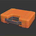 Square Shaped Shiny Orange Striped Suitcase With Black Handle On Reflective Surface 3d model