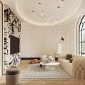 Banquet Hall Featuring Circular Ceiling Chandelier Arched Window Trees View Beige Sofa Round Coffee Table