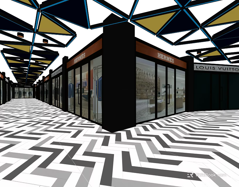Elevator Hallway With Geometric Ceiling Design Herringbone Floor And Luxury Brand Storefronts 3d model 