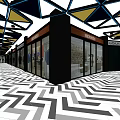 Elevator Hallway With Geometric Ceiling Design Herringbone Floor And Luxury Brand Storefronts 3d model