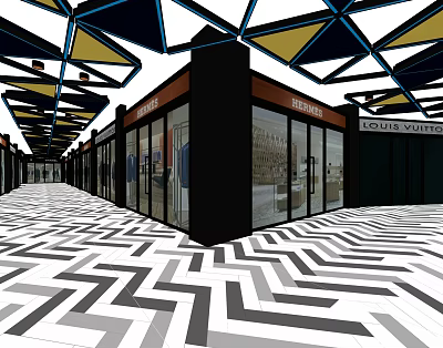 Elevator Hallway With Geometric Ceiling Design Herringbone Floor And Luxury Brand Storefronts 3d model