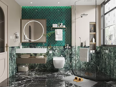 Modern Bathroom Interior With Green Mosaic Tiles Marble Vanity Round Mirror And Glass Shower 3d model
