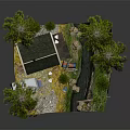 Cartoon Scene With Cozy Cabin Pine Trees Patio Furniture Rocks And Path