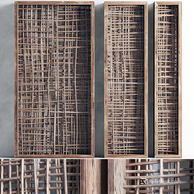 Wooden Grid Room Divider With Three Panels Gray Wall Background And Wooden Base 3d model 