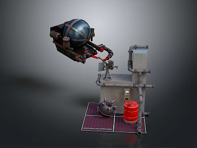 Industrial Landscape With Suspended Spherical Device Red Pipes Small Metal Structure And Red Barrel 3d model
