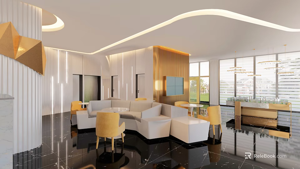 Modern Sales Office Interior With Bright Reception Lounge And Elegant Sofa Seating Design 3d model 