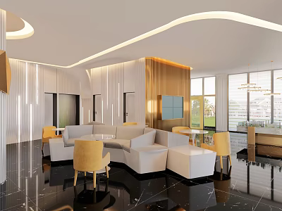 Modern Sales Office Interior With Bright Reception Lounge And Elegant Sofa Seating Design 3d model