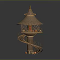 Bamboo Tower Structure With Spiral Staircase Multi Level Platforms Conical Roof And Decorative Lanterns