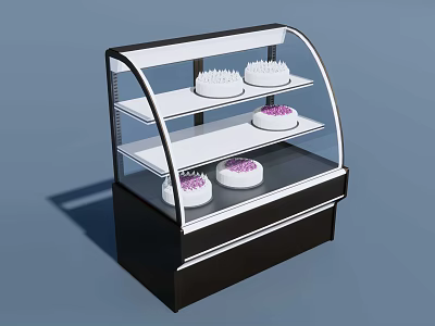 Three Tiered Black White Kitchen Appliance Display Case With Curved Glass And White Cakes 3d model