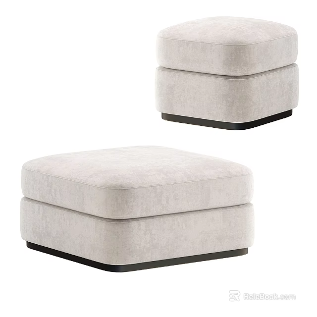 Square Light Beige Comfortable Upholstered Stool With Soft Fabric And Black Base 3d model 