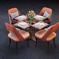 Dining Table Set With Four Orange Upholstered Chairs Tableware And Flower Vase 3d model