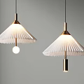 Two Modern Pendant Lights With White Pleated Shades And Gold Metal Accents