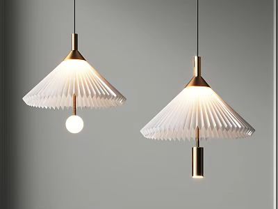 Two Modern Pendant Lights With White Pleated Shades And Gold Metal Accents 3d model