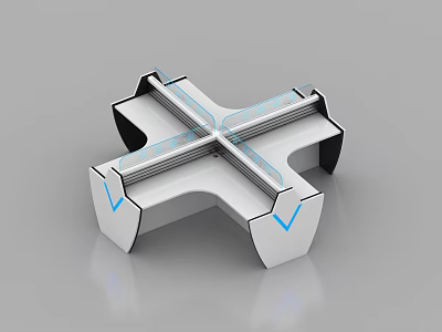 Modern Cross Shaped Modular Office Desk With White Black Structure And Blue Lines 3d model