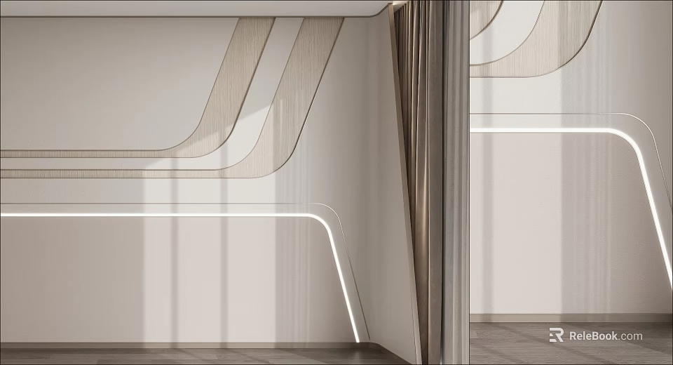 Modern Bed Accent Wall With Curved Lines And Lighting 3d model