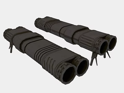 Two Black Cylindrical Weapon Launchers Featuring Dual Ports And Support Stands 3d model