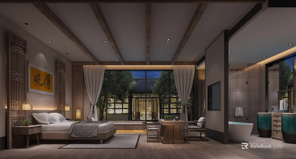 Traditional Chinese Hotel Guest Room With Wooden Beams Large Windows And Courtyard View 3d model 