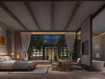 Traditional Chinese Hotel Guest Room With Wooden Beams Large Windows And Courtyard View 3d model