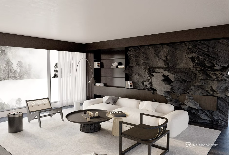 Modern Luxury Living Room Interior With Natural Stone Wall Plush White Sofa And Elegant Furnishings 3d model 