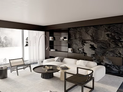 Modern Luxury Living Room Interior With Natural Stone Wall Plush White Sofa And Elegant Furnishings 3d model