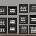 Showcase of Multiple Black Kitchen Appliances with Dishes and Bowls Inside