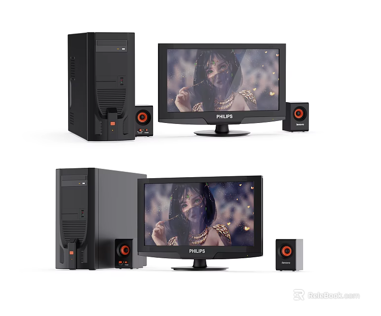 Modern Black Desktop Computer Setup With PLUS Monitor And Speakers 3d model 
