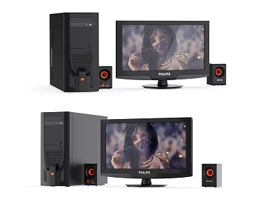 Modern Black Desktop Computer Setup With PLUS Monitor And Speakers 3d model