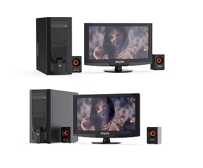 Modern Black Desktop Computer Setup With PLUS Monitor And Speakers 3d model