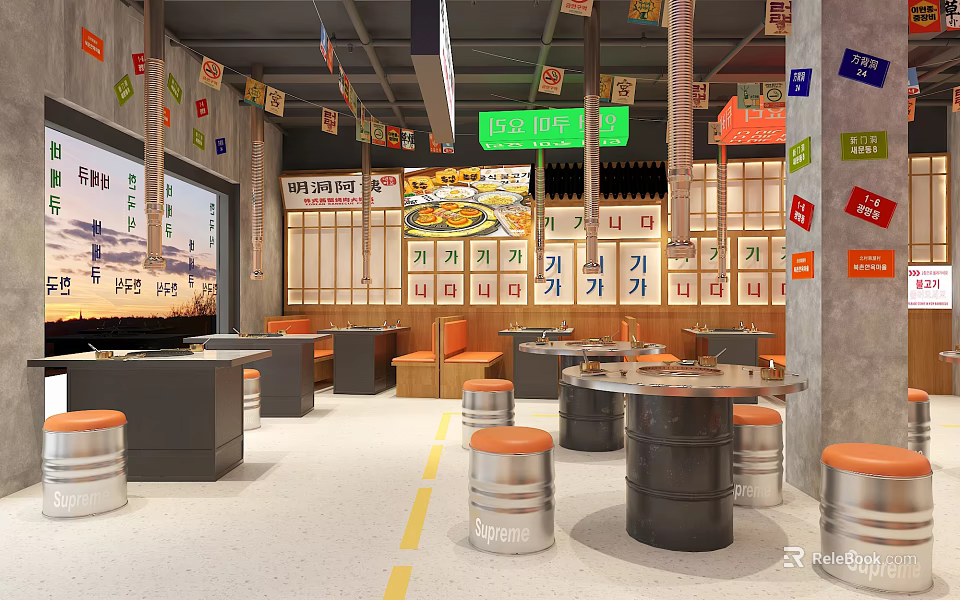 Hot Pot Restaurant Interior Featuring Korean Signboards Barrel Stools and Yellow Floor Lines 3d model 