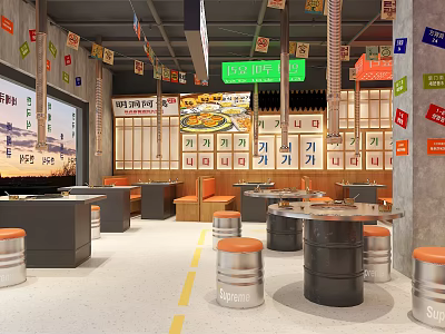 Hot Pot Restaurant Interior Featuring Korean Signboards Barrel Stools and Yellow Floor Lines 3d model