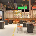 Hot Pot Restaurant Interior Featuring Korean Signboards Barrel Stools and Yellow Floor Lines